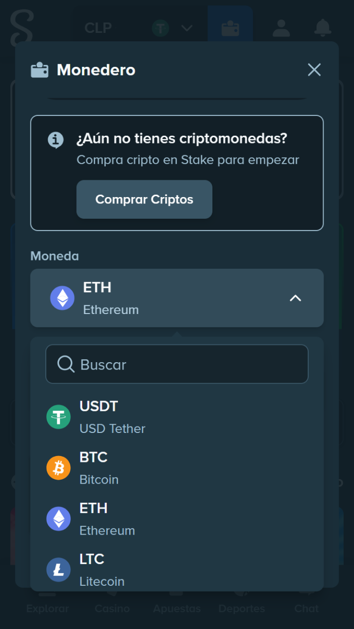 Seleccione un método de pago en la billetera digital Stake.